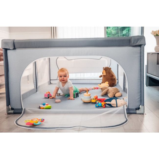 Lionelo - Tarc de joaca Willow, Pliere compacta, Include sacosa depozitare, Din plasa, Cu doua intrari laterale, Cu fermoar, Cu ventuze, Gri BYNLO-WILLOW_GREY_CONCRETE