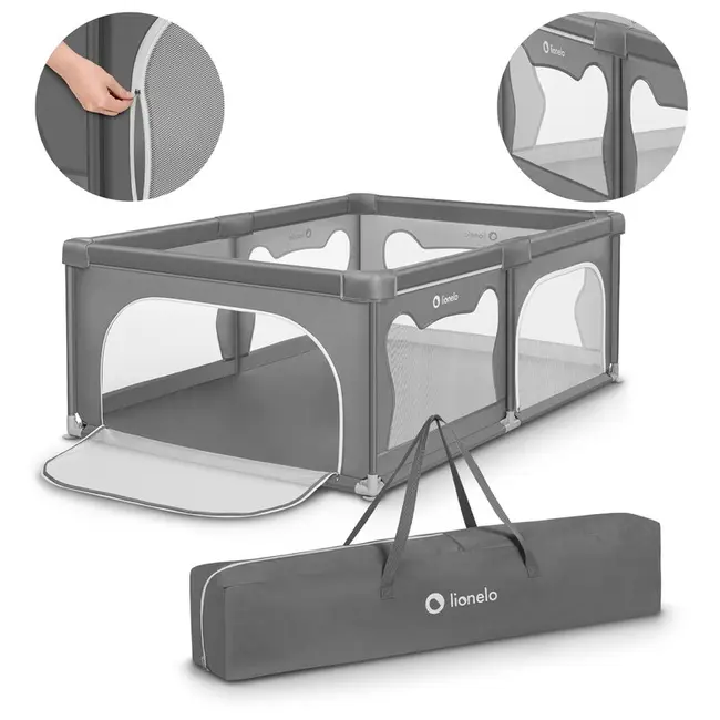 Lionelo - Tarc de joaca Willow, Pliere compacta, Include sacosa depozitare, Din plasa, Cu doua intrari laterale, Cu fermoar, Cu ventuze, Gri BYNLO-WILLOW_GREY_CONCRETE
