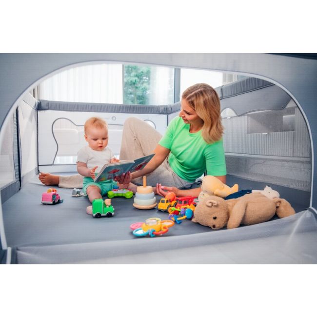 Lionelo - Tarc de joaca Willow, Pliere compacta, Include sacosa depozitare, Din plasa, Cu doua intrari laterale, Cu fermoar, Cu ventuze, Gri BYNLO-WILLOW_GREY_CONCRETE