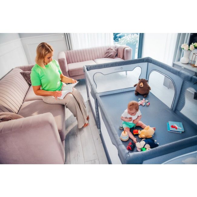 Lionelo - Tarc de joaca Willow, Pliere compacta, Include sacosa depozitare, Din plasa, Cu doua intrari laterale, Cu fermoar, Cu ventuze, Gri BYNLO-WILLOW_GREY_CONCRETE