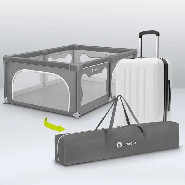 Lionelo - Tarc de joaca Willow, Pliere compacta, Include sacosa depozitare, Din plasa, Cu doua intrari laterale, Cu fermoar, Cu ventuze, Gri BYNLO-WILLOW_GREY_CONCRETE