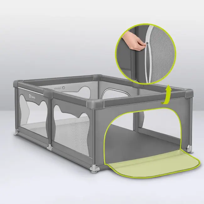 Lionelo - Tarc de joaca Willow, Pliere compacta, Include sacosa depozitare, Din plasa, Cu doua intrari laterale, Cu fermoar, Cu ventuze, Gri BYNLO-WILLOW_GREY_CONCRETE