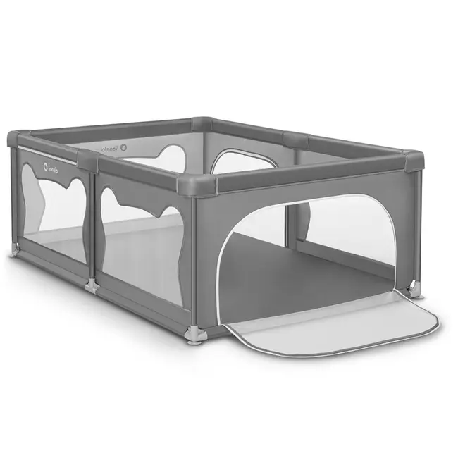 Lionelo - Tarc de joaca Willow, Pliere compacta, Include sacosa depozitare, Din plasa, Cu doua intrari laterale, Cu fermoar, Cu ventuze, Gri BYNLO-WILLOW_GREY_CONCRETE