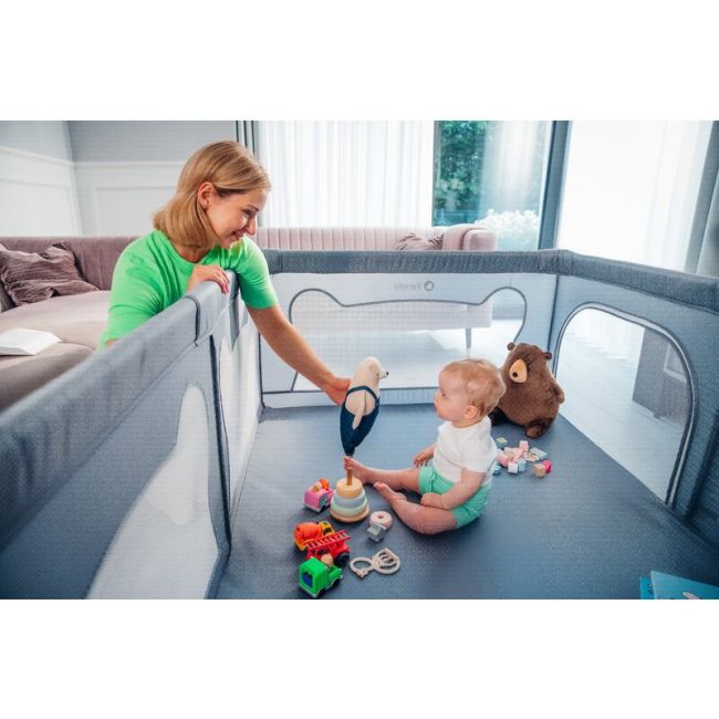 Lionelo - Tarc de joaca Willow, Pliere compacta, Include sacosa depozitare, Din plasa, Cu doua intrari laterale, Cu fermoar, Cu ventuze, Gri BYNLO-WILLOW_GREY_CONCRETE
