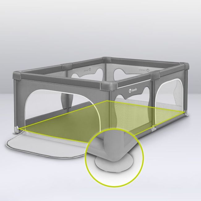 Lionelo - Tarc de joaca Willow, Pliere compacta, Include sacosa depozitare, Din plasa, Cu doua intrari laterale, Cu fermoar, Cu ventuze, Gri BYNLO-WILLOW_GREY_CONCRETE