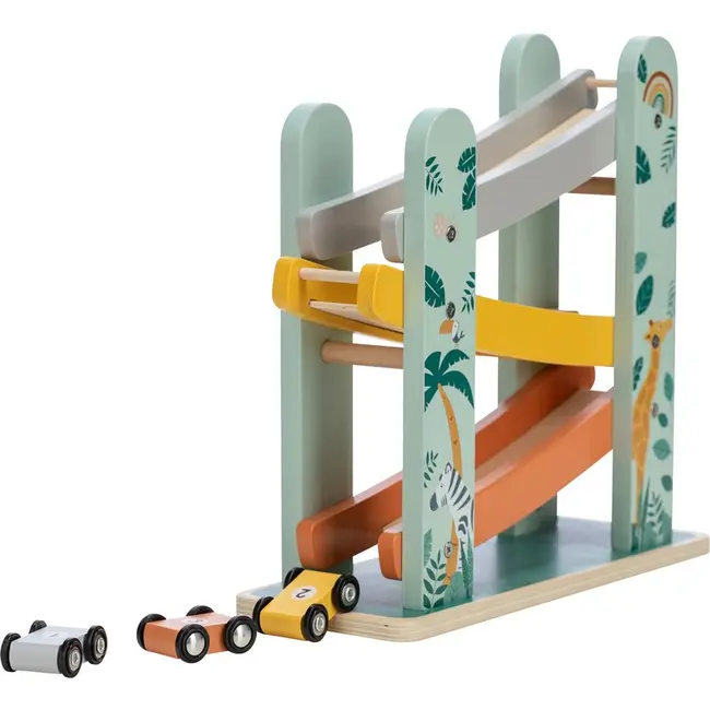 Pista de masini, Din lemn, Cu 3 masinute incluse, 26.9 x 23.6 x 7 cm, Free2Play, Safari BYN80654