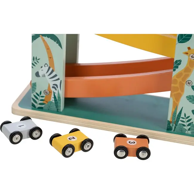Pista de masini, Din lemn, Cu 3 masinute incluse, 26.9 x 23.6 x 7 cm, Free2Play, Safari BYN80654