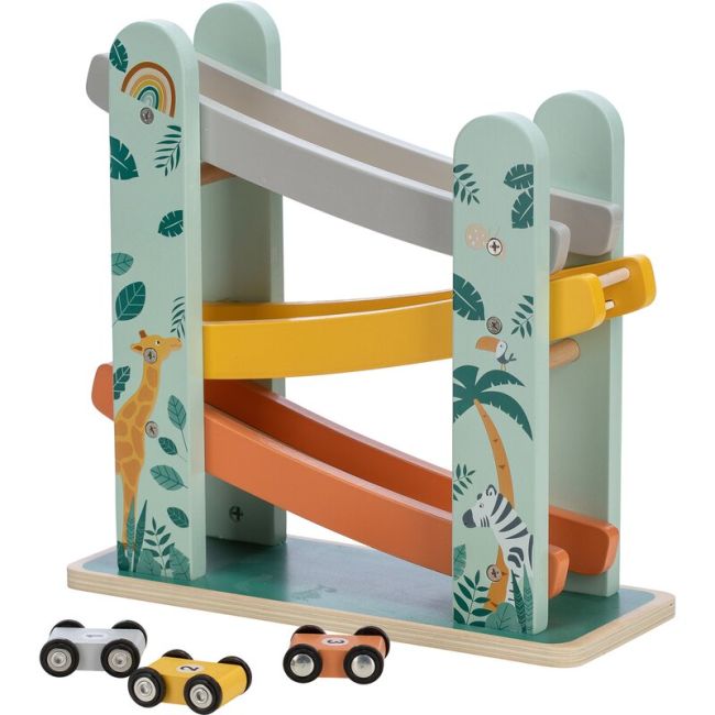 Pista de masini, Din lemn, Cu 3 masinute incluse, 26.9 x 23.6 x 7 cm, Free2Play, Safari BYN80654