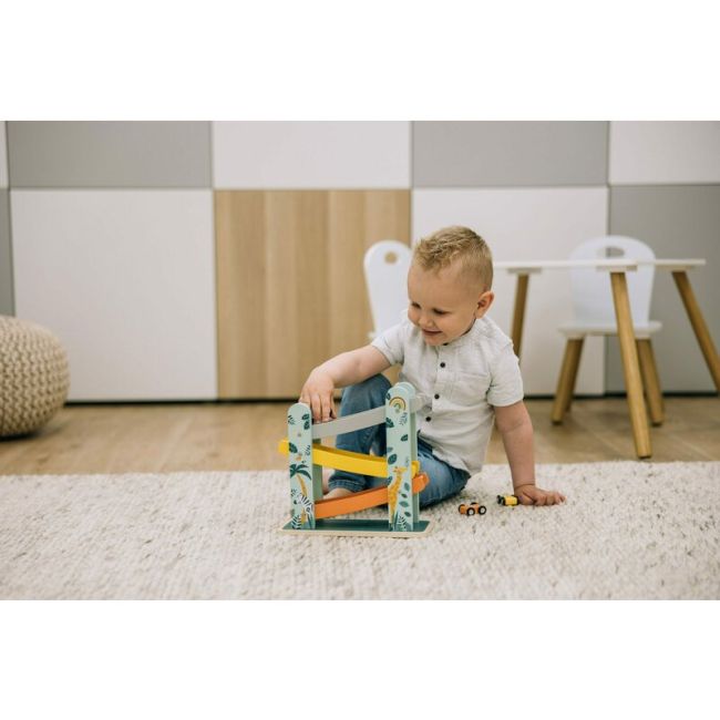 Pista de masini, Din lemn, Cu 3 masinute incluse, 26.9 x 23.6 x 7 cm, Free2Play, Safari BYN80654