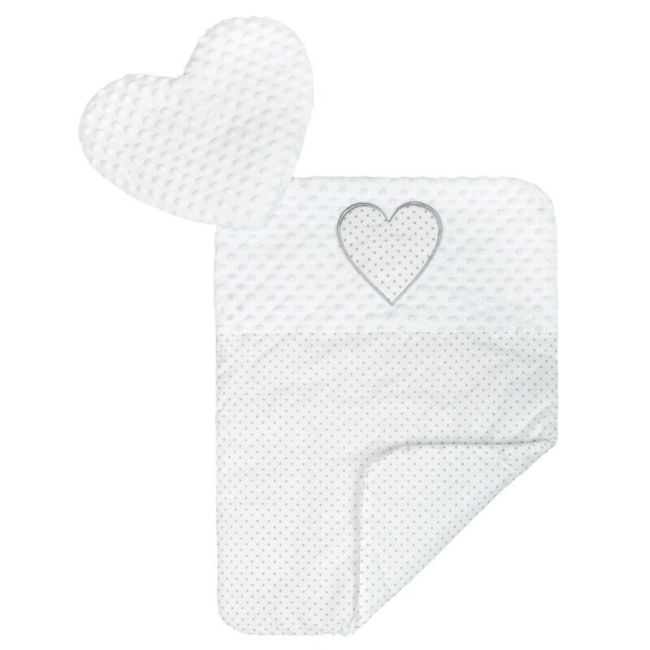 Set 3 piese Luxury, Baby Nest cu doua fete, Cu paturica si pernuta in forma de inima, New Baby, Minky Heart White BYN37140