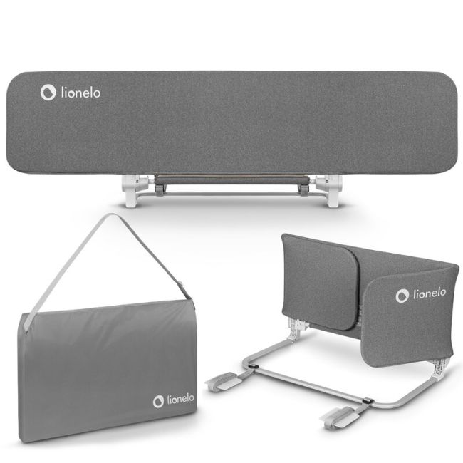 Bariera de protectie pentru pat, Lionelo, Lora XL, Pliabila, Sistem de blocare StandSafe, Geanta de transport inclusa, 150x46 cm, Conform cu BS 7972:2001+A1:2009, Gri BYNLO-LORA_XL_GREY_STONE