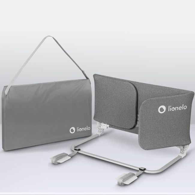 Bariera de protectie pentru pat, Lionelo, Lora XL, Pliabila, Sistem de blocare StandSafe, Geanta de transport inclusa, 150x46 cm, Conform cu BS 7972:2001+A1:2009, Gri BYNLO-LORA_XL_GREY_STONE