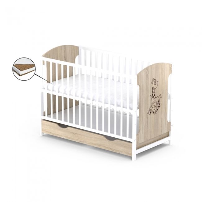 Patut cu sertar vessanti milo girafa - stejar cu alb + saltea cocos 12 cm edeedipcsvmgc_s12