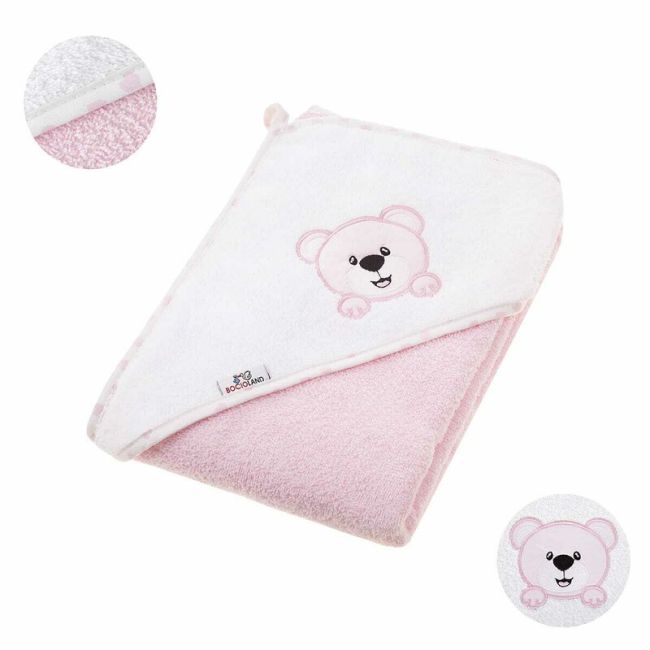 Prosop de baie, Bocioland, Cu gluga, 100% bumbac, 80x80 cm, Teddy Bear, Pink BYNBL024