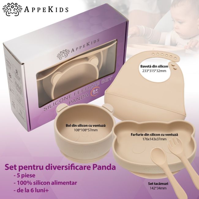 Set Diversificare, AppeKids, 100% Silicon, Panda - Bubble Beige KRTAK275053