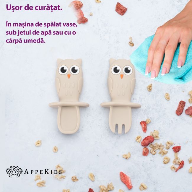 Set Tacamuri din silicon, AppeKids, OWL - Bubble Beige KRTAK275602