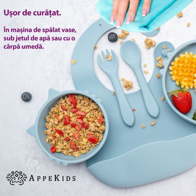 Set Diversificare, AppeKids, 100% Silicon, Kitty - Aqua Blue KRTAK275039