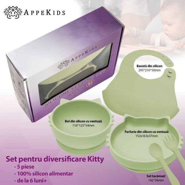 Set Diversificare, AppeKids, 100% Silicon, Kitty - Raw Green KRTAK275046