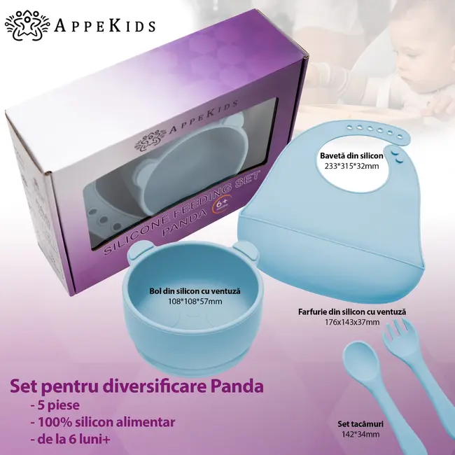 Set Diversificare, AppeKids, 100% Silicon, Panda - Aqua Blue KRTAK275084
