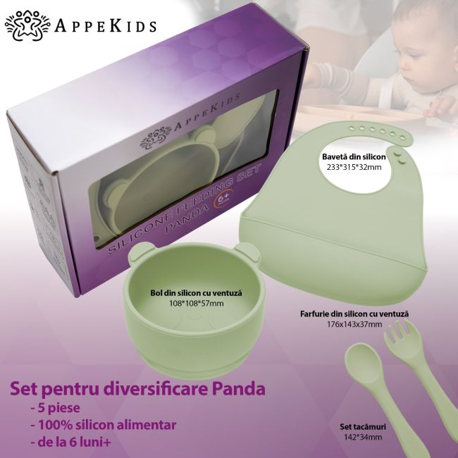 Set Diversificare, AppeKids, 100% Silicon, Panda - Raw Green KRTAK275091