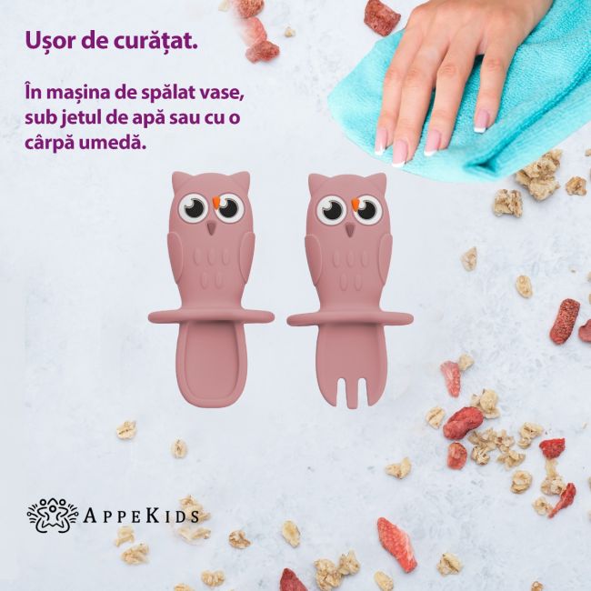 Set Tacamuri din silicon, AppeKids, OWL - Old Rose KRTAK275626