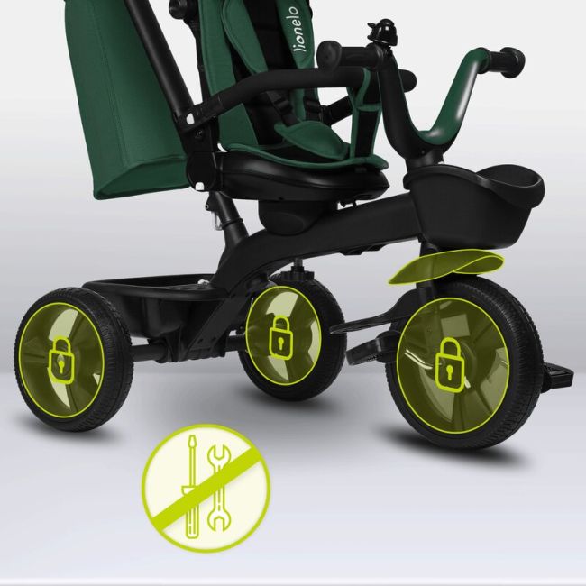 Tricicleta copii, Lionelo, Kori, Cu suport de picioare, Control al directiei, Scaun reversibil, Rotire 360 grade, Pliabila, Conform cu standardul european de securitate EN71, Verde BYNLO-KORI_GREEN_EMERALD