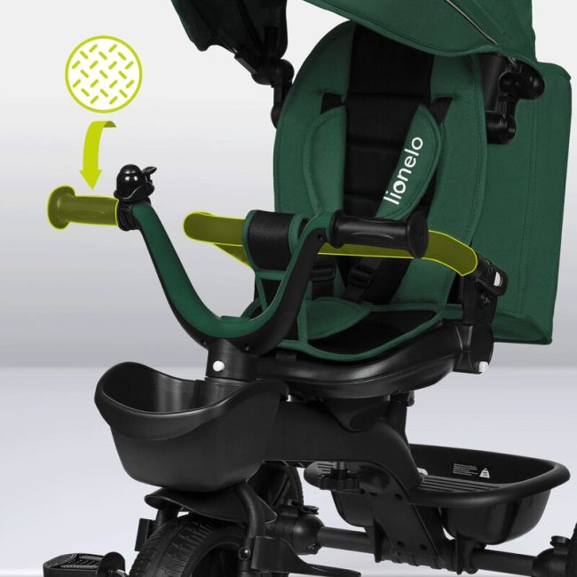 Tricicleta copii, Lionelo, Kori, Cu suport de picioare, Control al directiei, Scaun reversibil, Rotire 360 grade, Pliabila, Conform cu standardul european de securitate EN71, Verde BYNLO-KORI_GREEN_EMERALD