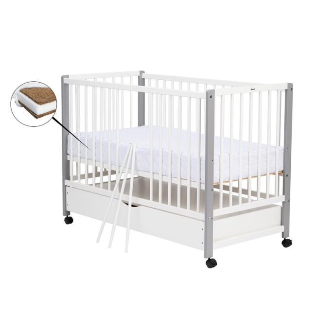 Patut din lemn bebe, 120x60 cm, Cu sertar cu capac, Din lemn de pin si mdf, Stabil si rezistent, Inaltime saltea reglabila pe 3 nivele, Laterala cu 3 bete detasabile, EN716-1, EN716-2, Alb, Qmini, Maya + Saltea 10 cm BYNQMMAY10CM02AL