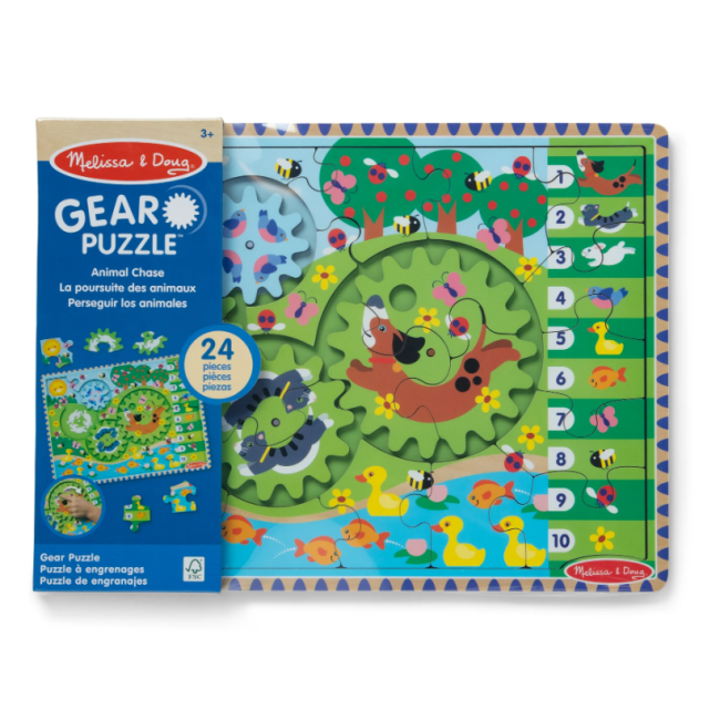 Puzzle din lemn cu rotite dintate pentru invatarea numararii prin joaca animale vesele - okemd31004