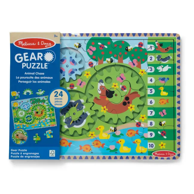 Puzzle din lemn cu rotite dintate pentru invatarea numararii prin joaca animale vesele - okemd31004