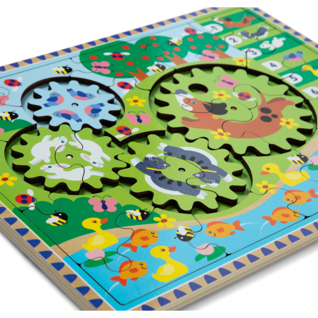 Puzzle din lemn cu rotite dintate pentru invatarea numararii prin joaca animale vesele - okemd31004