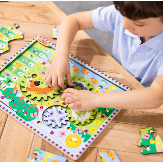 Puzzle din lemn cu rotite dintate pentru invatarea numararii prin joaca animale vesele - okemd31004