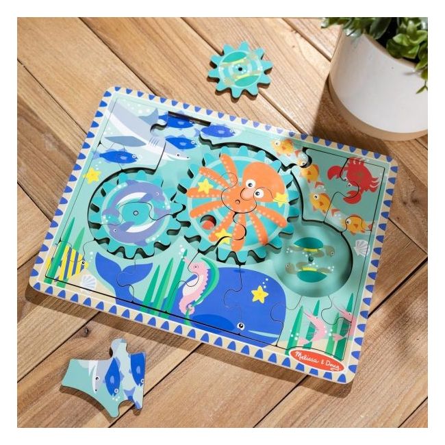 Puzzle educativ din lemn, cu rotite dintate, oceanul, 8 piese, pentru copii 3 ani+, melissa&doug 31003 - okemd31003