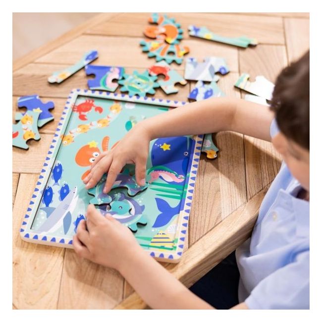 Puzzle educativ din lemn, cu rotite dintate, oceanul, 8 piese, pentru copii 3 ani+, melissa&doug 31003 - okemd31003