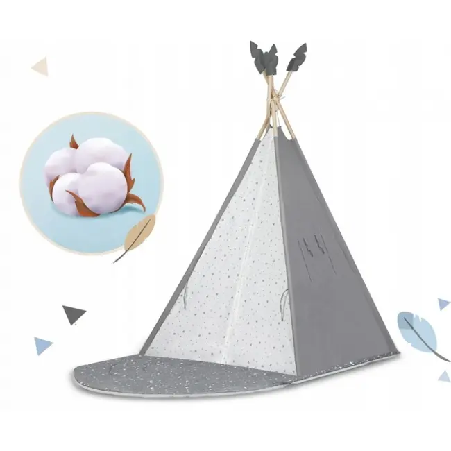 Cort de joaca pentru copii cu ghirlanda, salteluta si 3 pernite nukido 116 x 116 x 165 cm - gri edeedi740600