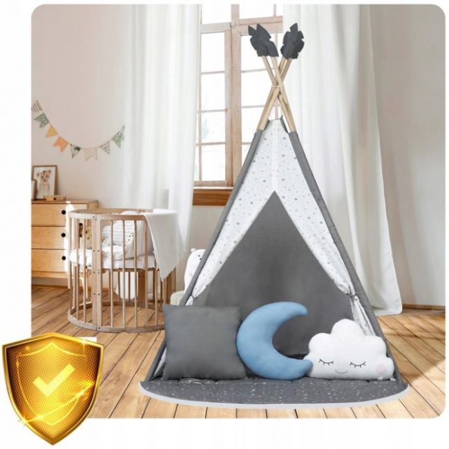 Cort de joaca pentru copii cu ghirlanda, salteluta si 3 pernite nukido 116 x 116 x 165 cm - gri edeedi740600