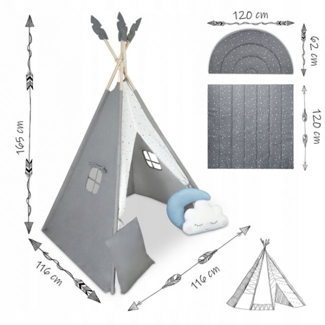 Cort de joaca pentru copii cu ghirlanda, salteluta si 3 pernite nukido 116 x 116 x 165 cm - gri edeedi740600