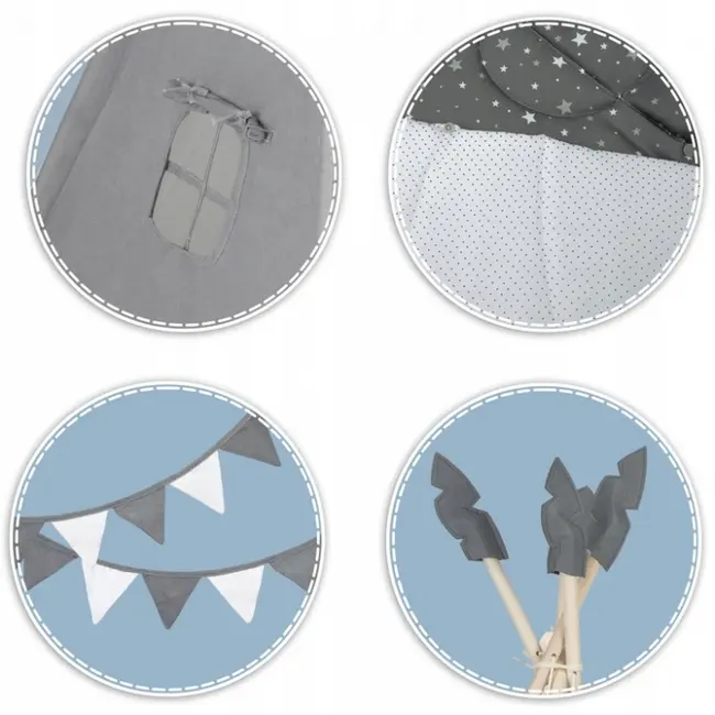 Cort de joaca pentru copii cu ghirlanda, salteluta si 3 pernite nukido 116 x 116 x 165 cm - gri edeedi740600