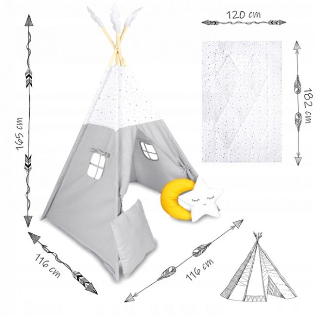 Cort de joaca pentru copii cu salteluta si 3 pernite nukido 116 x 116 x 165 cm - gri edeedi740601