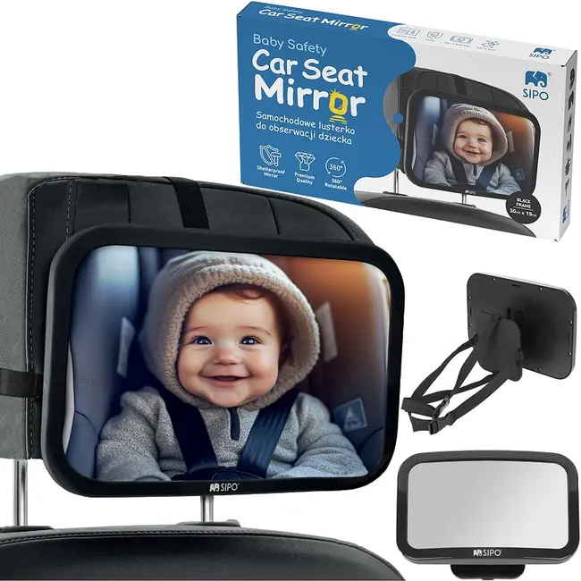 Oglinda auto supraveghere bebe, Sipo, Fixare tetiera, Suport anti-alunecare, 360 grade, 30x20 cm, Negru EKDSBS-SM30