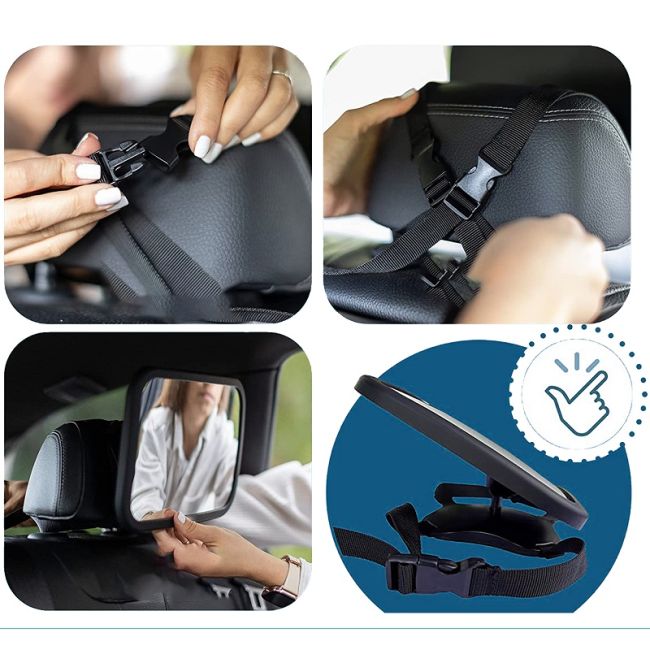 Oglinda auto supraveghere bebe, Sipo, Fixare tetiera, Suport anti-alunecare, 360 grade, 30x20 cm, Negru EKDSBS-SM30