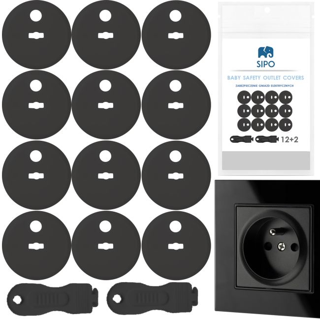 Set 12 capace de protectie pentru prize cu cheita, SIPO Baby Safety, Negru EKDSBS-C10B