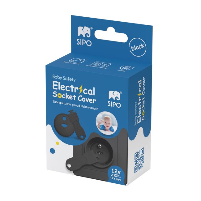 Set 12 capace de protectie pentru prize cu cheita, SIPO Baby Safety, Negru EKDSBS-C10B