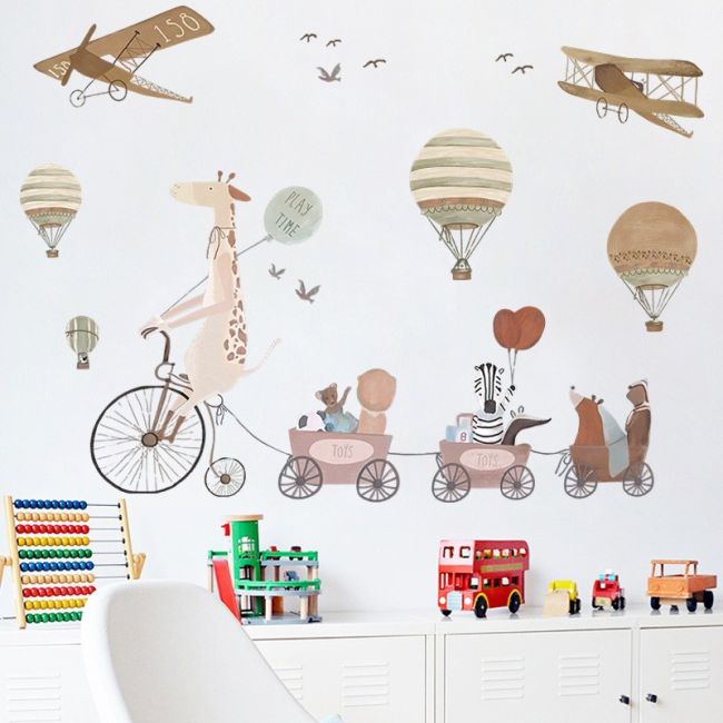 Sticker Decorativ Pentru Copii, Autoadeziv, Animale, girafa pe bicicleta si prietenii, 72x111 cm EKDWS63031