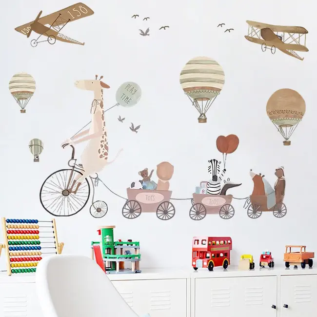 Sticker Decorativ Pentru Copii, Autoadeziv, Animale, girafa pe bicicleta si prietenii, 72x111 cm EKDWS63031
