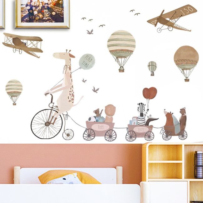 Sticker Decorativ Pentru Copii, Autoadeziv, Animale, girafa pe bicicleta si prietenii, 72x111 cm EKDWS63031