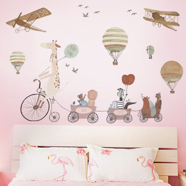 Sticker Decorativ Pentru Copii, Autoadeziv, Animale, girafa pe bicicleta si prietenii, 72x111 cm EKDWS63031