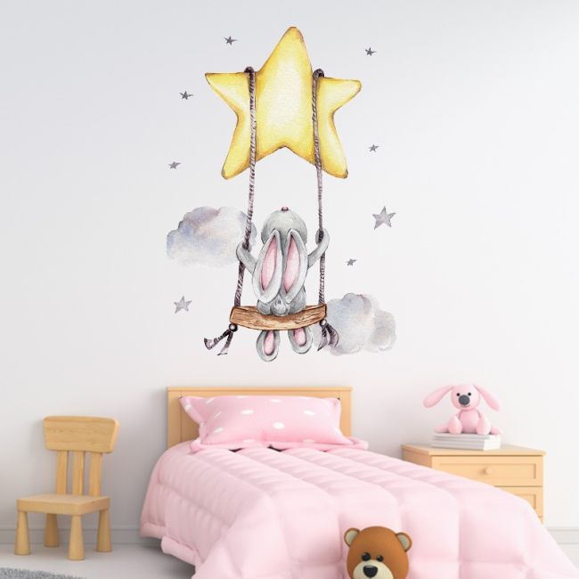 Sticker Decorativ Pentru Copii, Autoadeziv, Iepuras pe leagan, 70x49 cm EKDWS63025
