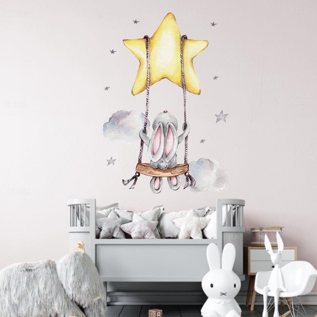 Sticker Decorativ Pentru Copii, Autoadeziv, Iepuras pe leagan, 70x49 cm EKDWS63025