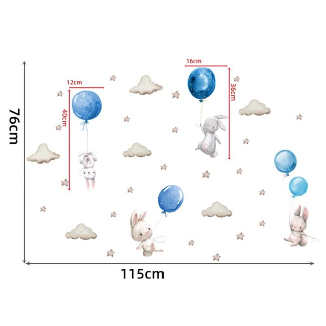 Sticker Decorativ Pentru Copii, Autoadeziv, Iepurasi cu baloane, albastru, 70x49 cm EKDWS63027